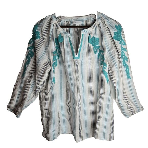 NWT J Jill Love Linen Embroidered Striped Blouse Womens Small - Picture 1 of 6
